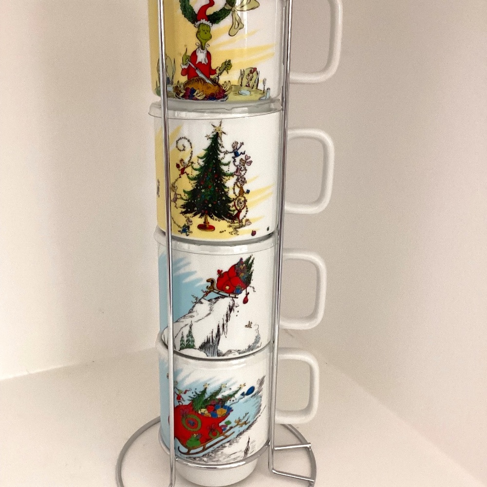 Dr. Seuss' THE GRINCH Set of 4 Stackable Ceramic Mugs with Stand Christmas